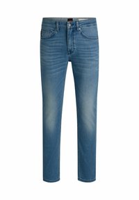 Jeans in denim azzurro chiaro con una vestibilità dritta, design a cinque tasche e una texture leggermente sbiadita. Cuciture in fili a contrasto.