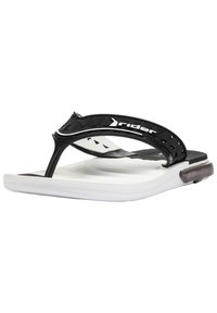 Schwarze Flip-Flop-Sandale mit einem strukturierten oberen Riemen, weißer Sohle und einem transparenten Akzent an der Ferse. Verfügt über ein Logo auf dem Riemen und ein ergonomisches Design.