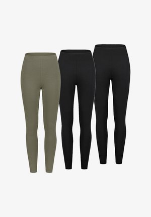 Set mit drei Leggings: eine olivgrün, zwei schwarz. Alle haben einen glatten, elastischen Stoff, eine figurschmeichelnde Passform und ein elastisches Bündchen.