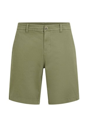 Olivengrønne shorts lavet af bomuldsblanding, med flad front, bæltestropper og klassisk snit. Sømmerne er rene og skræddersyede.