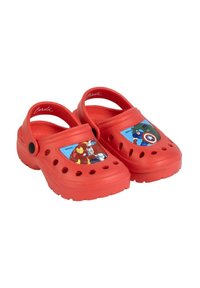 Red plastic clogs with ventilation holes; feature blue panels displaying superhero characters. Adjustable back strap for secure fit.