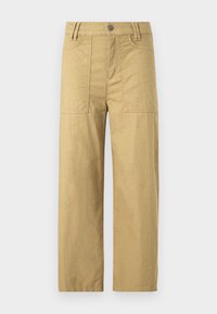 Pantalons cargo en coton beige à taille haute, avec deux poches avant et une coupe décontractée. Dotés d'une fermeture à accroche et à zip à l'avant.