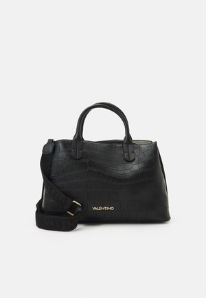 Black crocodile-embossed leather handbag with dual handles, detachable strap, and gold VALENTINO logo. Smooth texture, structured shape.