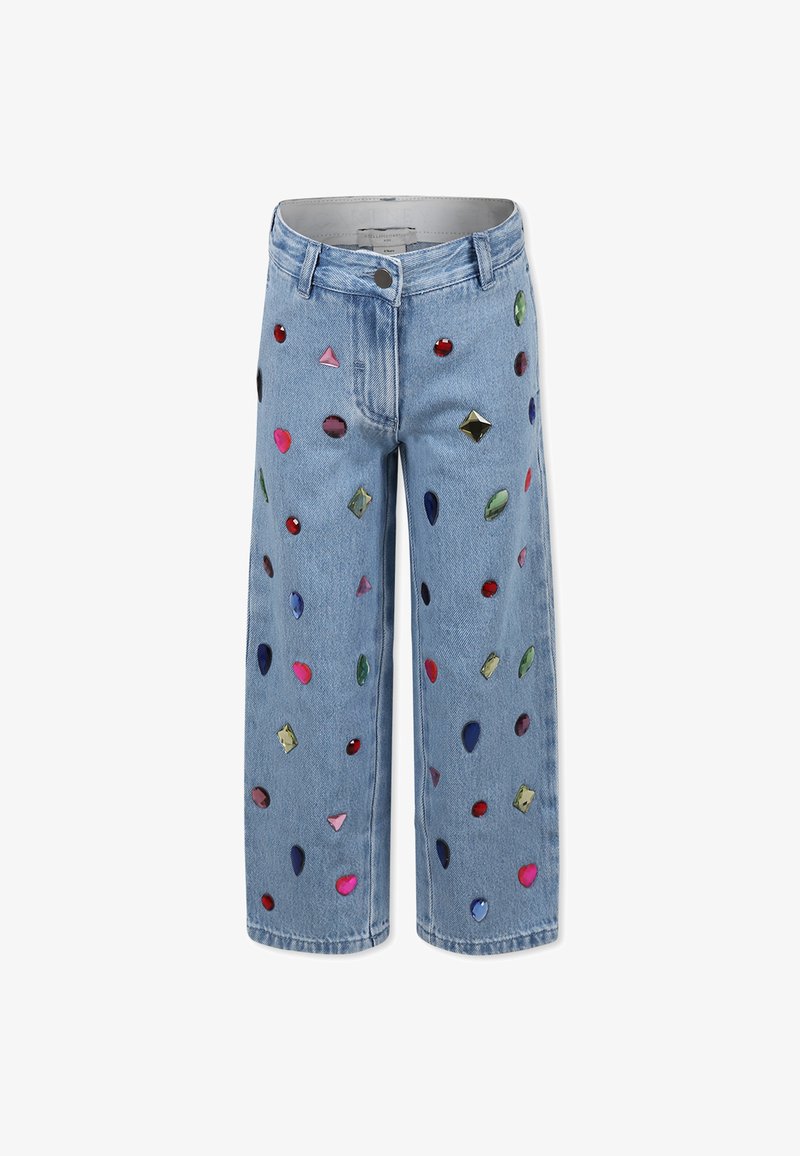 Jeans a gamba larga in denim azzurro chiaro con decorazioni colorate simili a gemme in varie forme, tra cui diamanti, cuori e triangoli.