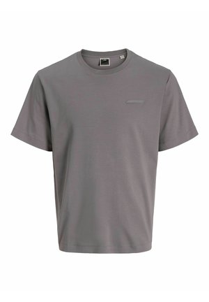 Graues Kurzarm-T-Shirt mit klassischem Rundhalsausschnitt, glatter Textur und dezentem Logo-Detail auf der Brust.