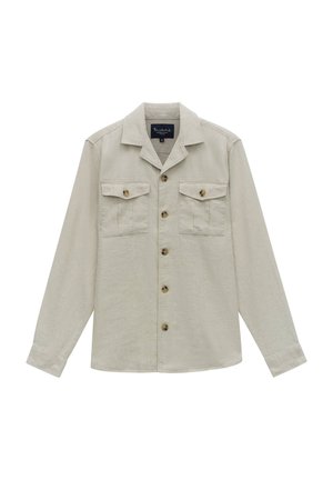 Jasno beżowa koszula z długim rękawem, wykonana z teksturowanej tkaniny, z kołnierzykiem, z przodu zapinana na guziki oraz z dwiema kieszeniami na piersiach z klapkami.