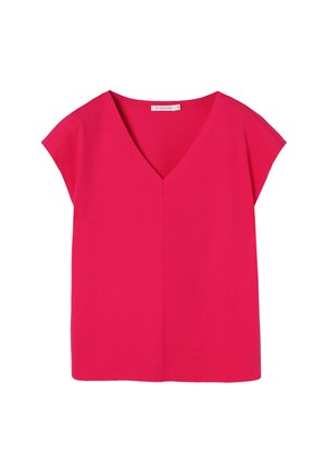 Blusa corta a maniche corte di colore rosa acceso con scollo a V e vestibilità ampia, realizzata in tessuto liscio, mostrata su sfondo bianco.