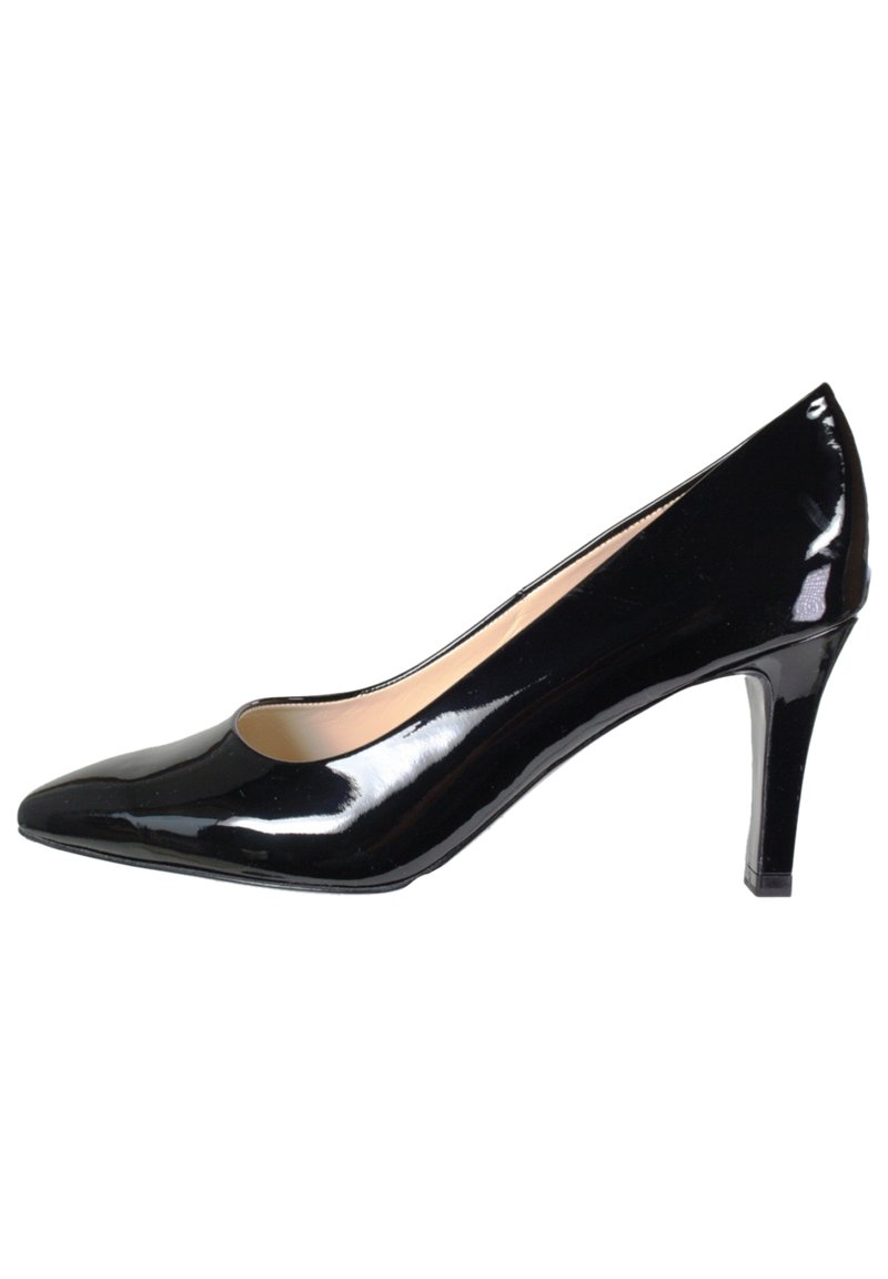 Escarpin en cuir verni noir avec un bout pointu, un décolleté bas et un talon fin et haut. Texture lisse avec une finition brillante.