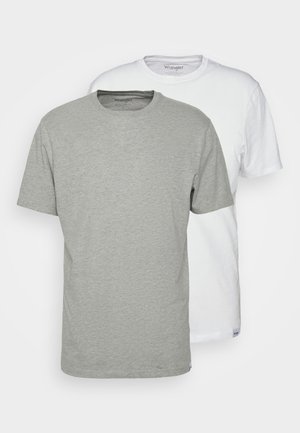 Two crew-neck t-shirts: one heather gray and one white. Made of soft fabric, featuring short sleeves and a relaxed fit. Wrangler logo displayed.