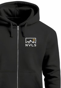 Black zip-up hoodie with a front pocket. Features a white logo depicting mountains and a sun, alongside the text "NVLS." Soft fabric texture.