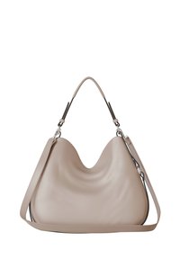 Beige Lederhandtasche mit einem einzigartigen geschwungenen Design, einem oberen Griff und einem abnehmbaren Schulterriemen, mit glatter Textur und metallischen Akzenten.