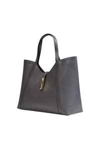 Borsa tote in pelle grigia con un design strutturato, caratterizzata da un dettaglio con lucchetto in metallo oro e due manici superiori per il trasporto.