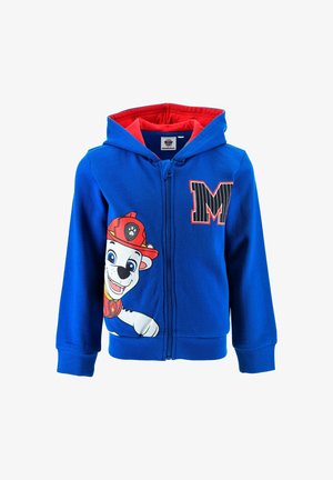 Blue zip-up hoodie with a red lining, featuring a cartoon dog in a firefighter hat and the letter "M" in black and red on the chest.