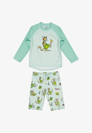 Lasten vaaleansininen pitkähihainen uimapaita ja shortsit, joissa on sarjakuvatyylisiä kissan ja linnun kuvia.