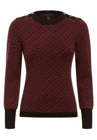 Bordeauxfarbener Pullover mit Rautenmuster, gerippten schwarzen Bündchen und Saum, rundem Ausschnitt und dekorativen silbernen Knöpfen an der Schulter.