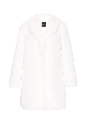 Weiße langärmlige Kunstpelzjacke mit breitem Kragen und einer mittellangen Länge bis zur Oberschenkellinie, entworfen für kaltes Wetter.