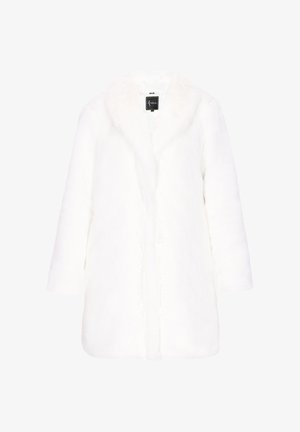 Biała, długa kurtka z sztucznego futra z szerokim kołnierzem, sięgająca do połowy uda, zaprojektowana na zimne dni.