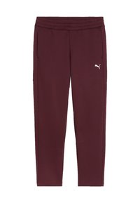Pantalones deportivos burdeos con cintura elástica, bolsillos laterales y un logo blanco. Tejido suave y diseño de pierna ajustada.