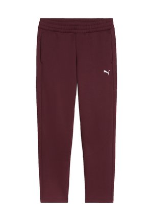 Bordeaux sportbroek met een elastische tailleband, zijzakken en een wit logo. Glad stof en een taps toelopend ontwerp.