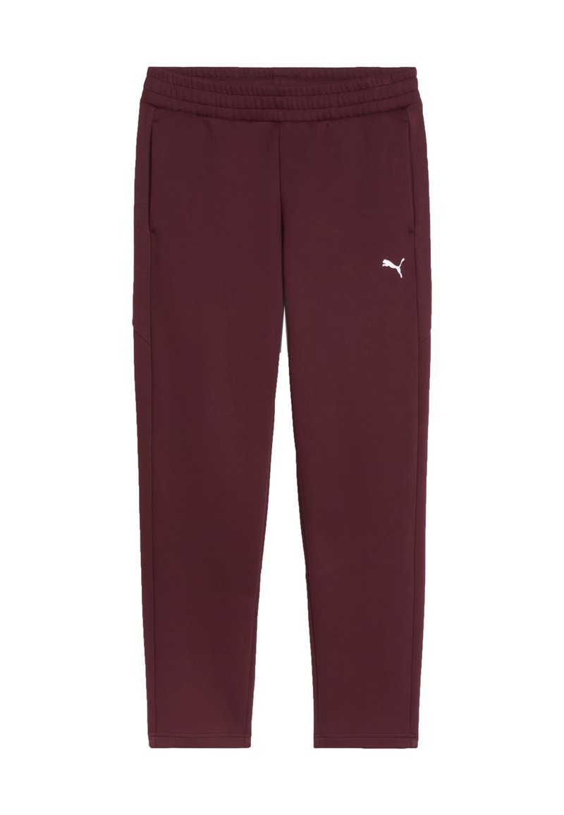 Pantalones deportivos burdeos con cintura elástica, bolsillos laterales y un logo blanco. Tejido suave y diseño de pierna ajustada.