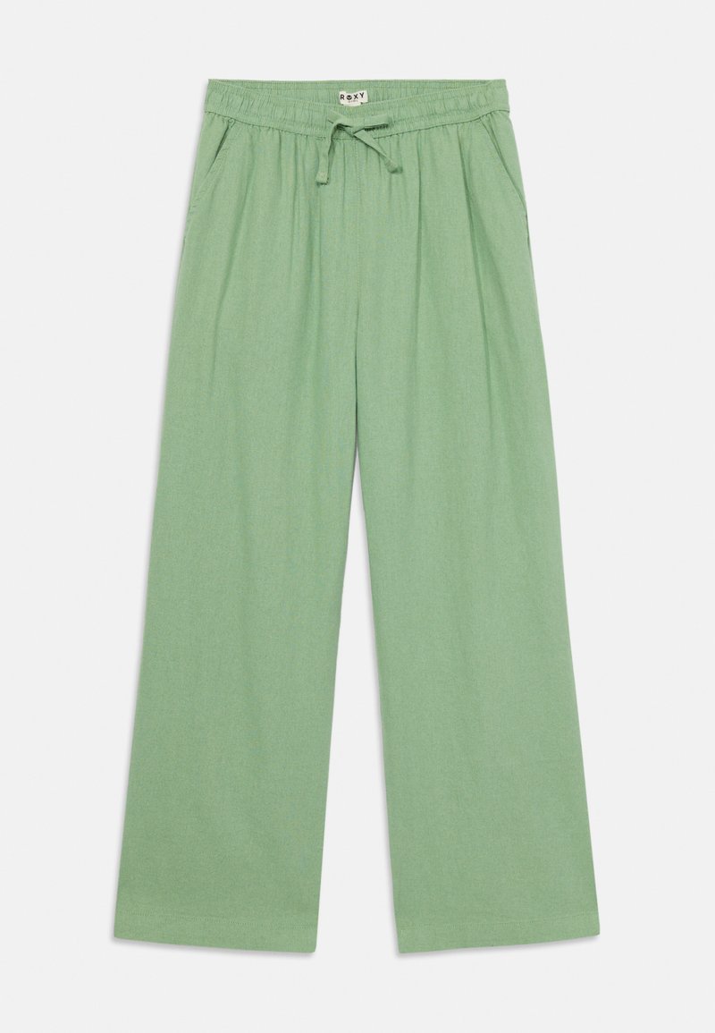 Pantalon large vert clair en tissu doux, avec une taille élastique munie d'un cordon de serrage et des poches latérales.