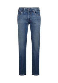 Jeans aus Denim mit dunkelblauem Waschung, geradem Bein, Fünf-Taschen-Design, Vorderknopfverschluss und dezenten Ausbleichungen.