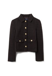 Donkerbruine, gestructureerde wollen jas met een kraag, gouden knopen aan de voorkant en twee klepzakken met gouden knoopsluitingen.