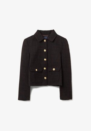 Dark brown textured wool jacket with a collar, gold buttons down front, and two flap pockets with gold button closures.