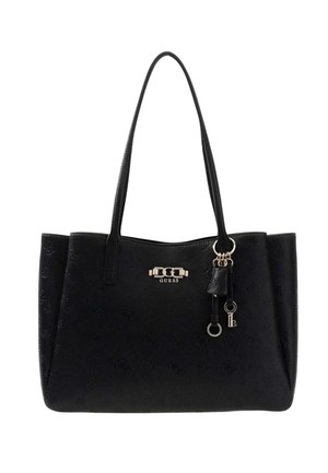 Bolso tote Guess negro con patrón de logotipo en relieve, doble asa para el hombro, placa de logotipo plateada y un colgante en forma de llave en el lado delantero derecho.