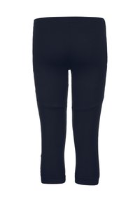 Leggings capri neri realizzati in tessuto elasticizzato. Presentano una texture liscia e un design aderente che si restringe al polpaccio. Nessun motivo visibile.