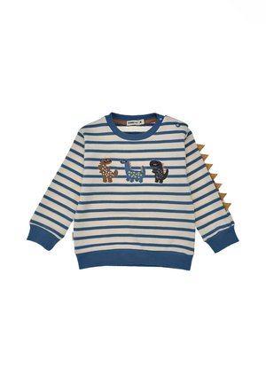 Blue and white striped long-sleeve toddler sweater with three colorful dinosaur appliqués and brown fabric spikes along one sleeve.