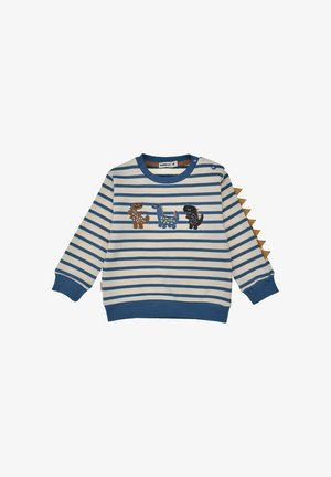 Blau-weiß gestreifter Langarmpullover für Kleinkinder mit drei bunten Dinosaurier-Applikationen und braunen Stoffstacheln entlang eines Ärmels.