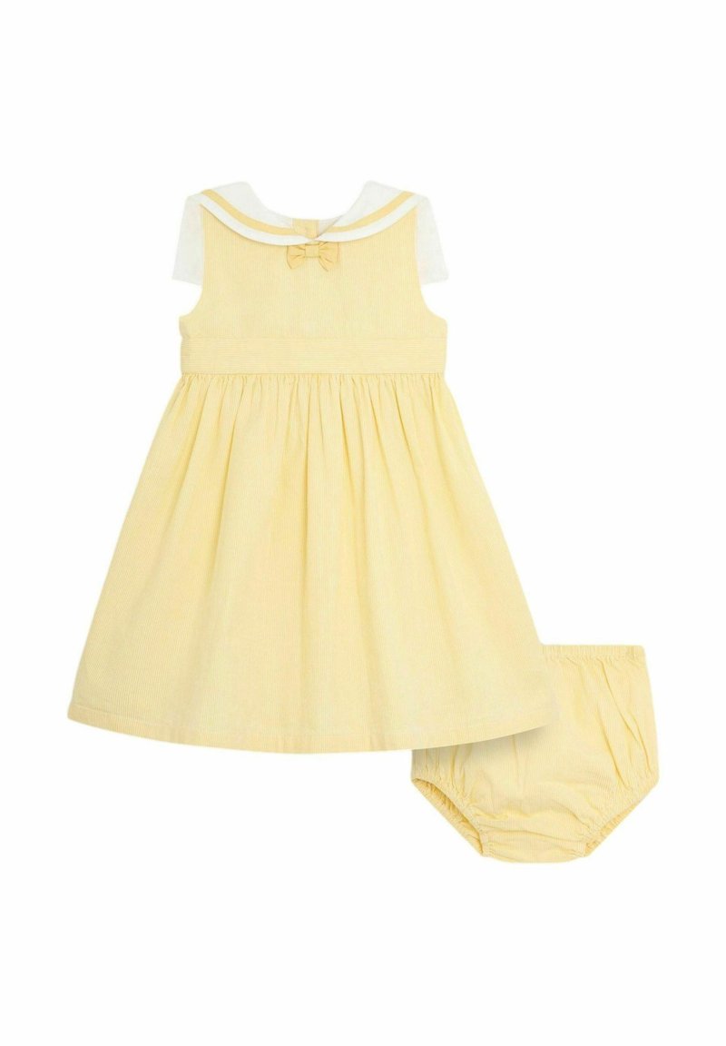Gelbes Kleid mit tailliertem Oberteil, ausladendem Rock und weißem Kragen. Beinhaltet passende Bloomers. Zarte Textur und eine Schleifendetail im Rücken.