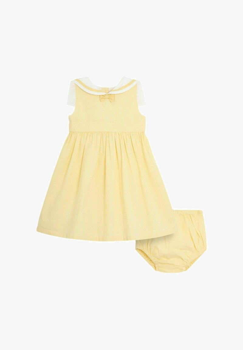 Gelbes Kleid mit tailliertem Oberteil, ausladendem Rock und weißem Kragen. Beinhaltet passende Bloomers. Zarte Textur und eine Schleifendetail im Rücken.