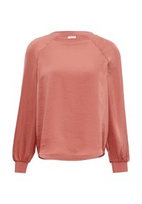 Langsleeve, ronde hals top in zacht rozenkleurige stof met een gladde textuur. Kenmerkt raglanmouwen en aansluitende manchetten, met een relaxte pasvorm.