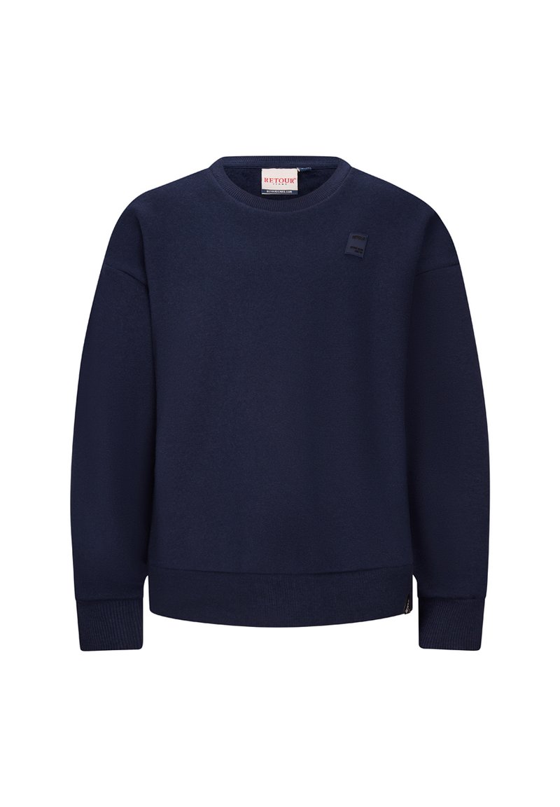Felpa blu navy realizzata in morbido tessuto testurizzato. Presenta un collo rotondo, maniche lunghe e un piccolo logo sul petto. Senza motivi.