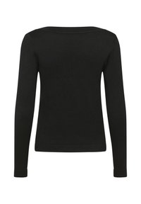 Zwarte langwerpige top met een ronde hals, gemaakt van zachte, rekbare stof met een slim fit ontwerp en geribde manchetten.