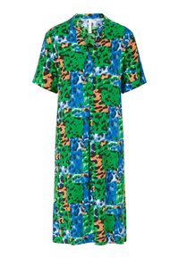 Vestido de mangas cortas con un diseño de patchwork en estampados de animales en verde, azul, naranja y negro, con botones en el frente y cuello.