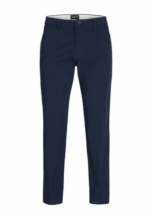 Navy blue trousers made of soft fabric, featuring a regular fit, belt loops, and a button closure at the waist. No visible patterns or accents.