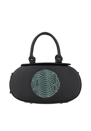 Zwarte ovale handtas met een getextureerd oppervlak, met een centraal rond groen slangenhuidpatroon en twee stevige handvatten.