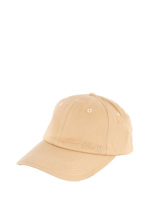 Gorra de béisbol beige con ojales de ventilación cosidos y "Schott NYC" bordado en el panel delantero izquierdo.