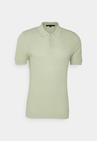 Jasnozielona koszulka polo z teksturowanej tkaniny, z kołnierzykiem, trzema guzikami i krótkimi rękawami.