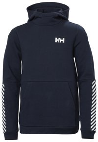 Sudadera navy con puños acanalados y gran bolsillo frontal, que presenta un logo blanco y acentos de rayas blancas en las mangas. Fabricada con material suave.