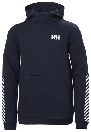 Sudadera navy con puños acanalados y gran bolsillo frontal, que presenta un logo blanco y acentos de rayas blancas en las mangas. Fabricada con material suave.