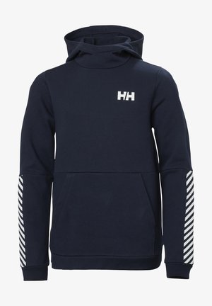 Marineblauwe hoodie met ribgebreide manchetten en een grote voorktas, met een wit logo en gestreepte witte accenten op de mouwen. Gemaakt van zacht materiaal.