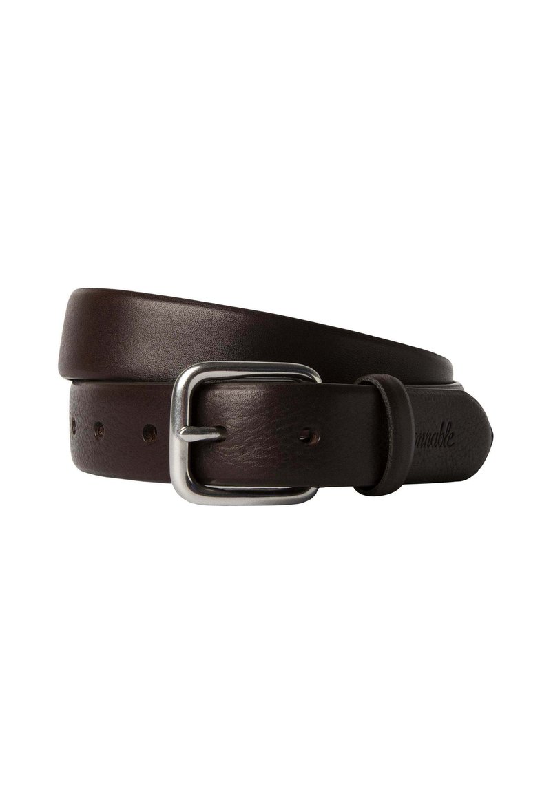 Brown leather belt with a smooth texture, silver rectangular buckle, and multiple holes for adjustment. Features embossed branding on the end.