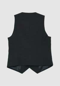 Svart ärmlös väst med skräddarsydd passform, utrustad med en bakre slits och slät textur. Rene linjer och minimalistisk design.