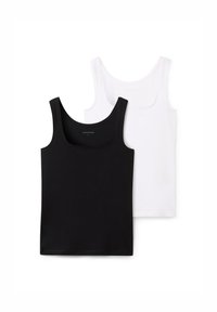 Two tank tops: one black, one white. Both feature a smooth fabric, wide shoulder straps, and a rounded neckline.