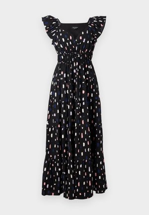 Black maxi dress with tiered design, featuring ruffled sleeves and a smocked waist. It has a colorful abstract pattern in pink, white, and blue.