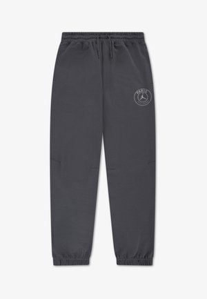Donkere grijze joggingbroek van zachte stof, met een elastische tailleband, zijzakken en een logopatch op de linker dij.